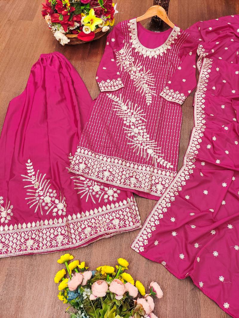 rani-pink crepe festive kurta set