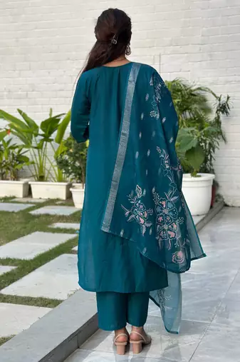 teal silk blend festive kurta set