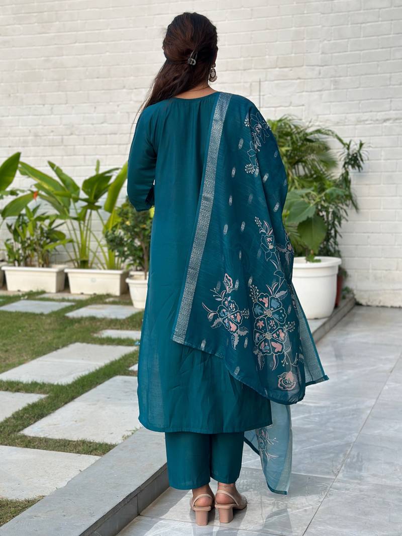 teal silk blend festive kurta set