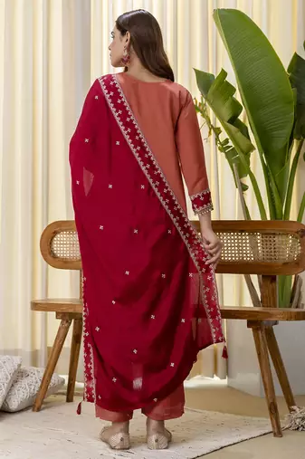 peach silk blend festive kurta set