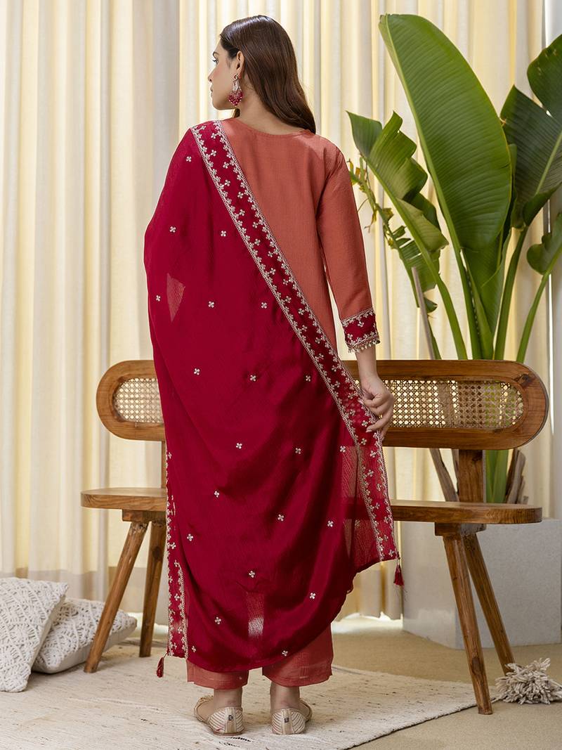 peach silk blend festive kurta set