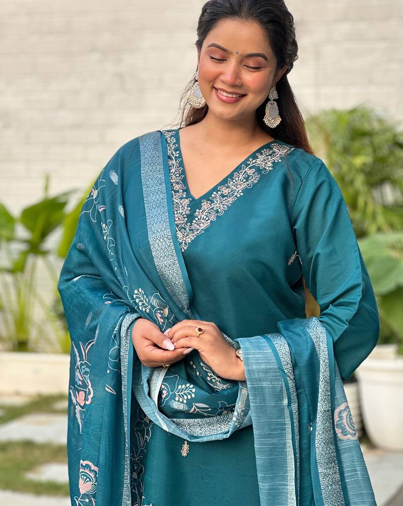 teal silk blend festive kurta set