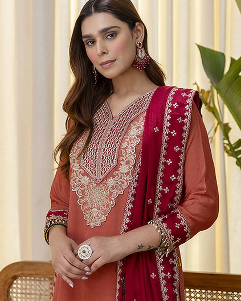 peach silk blend festive kurta set