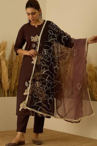brown silk blend festive kurta set