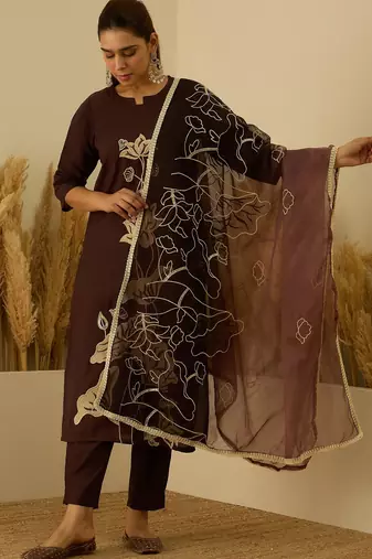 brown silk blend festive kurta set