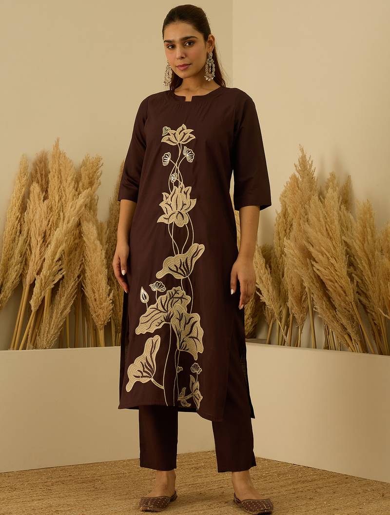 brown silk blend festive kurta set