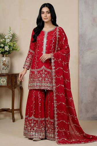 red silk festive kurta set