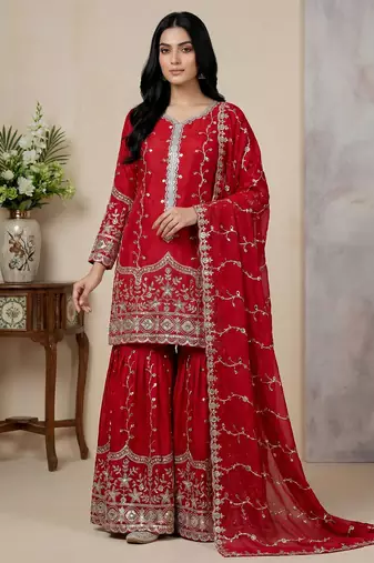 red silk festive kurta set