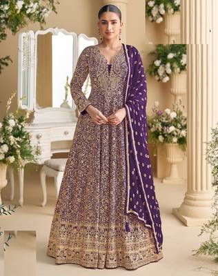 Blue georgette full stitched free size upto 42 heavy embroidery wedding gowns 1