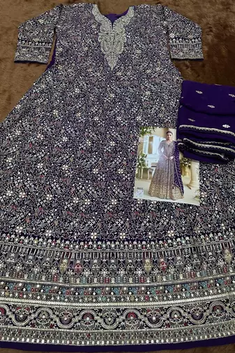 Blue georgette full stitched free size upto 42 heavy embroidery wedding gowns