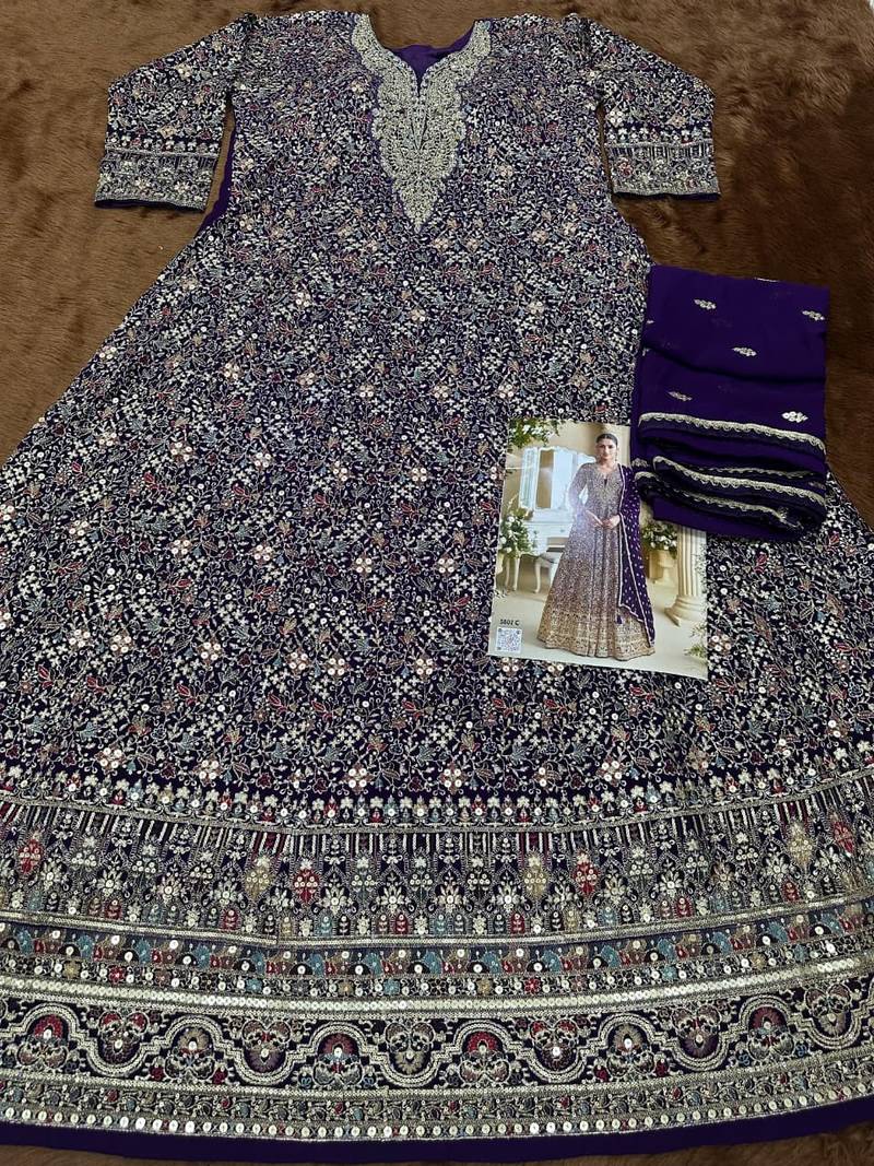 Blue georgette full stitched free size upto 42 heavy embroidery wedding gowns
