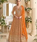 Orange georgette full stitched free size upto 42 heavy embroidery wedding gowns