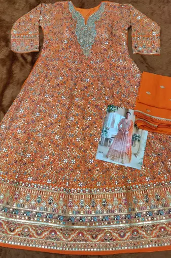 Orange georgette full stitched free size upto 42 heavy embroidery wedding gowns