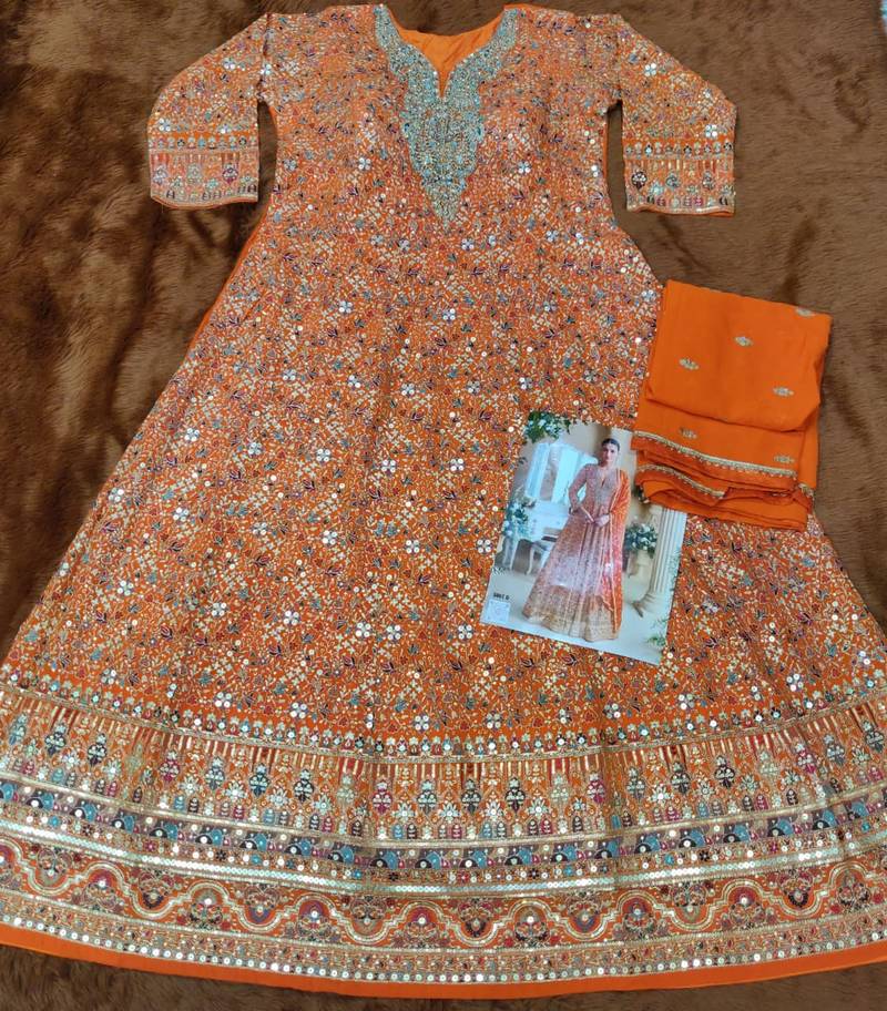 Orange georgette full stitched free size upto 42 heavy embroidery wedding gowns