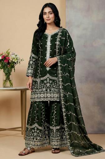 dark-green silk festive kurta set