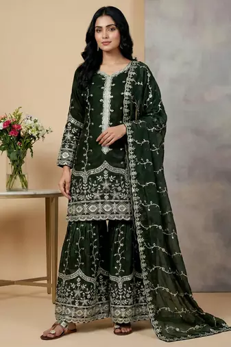 dark-green silk festive kurta set