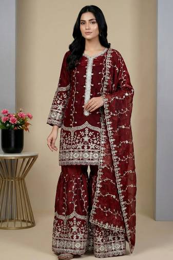 maroon silk festive kurta set