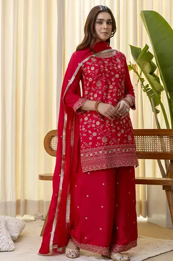 rani-pink silk blend festive kurta set