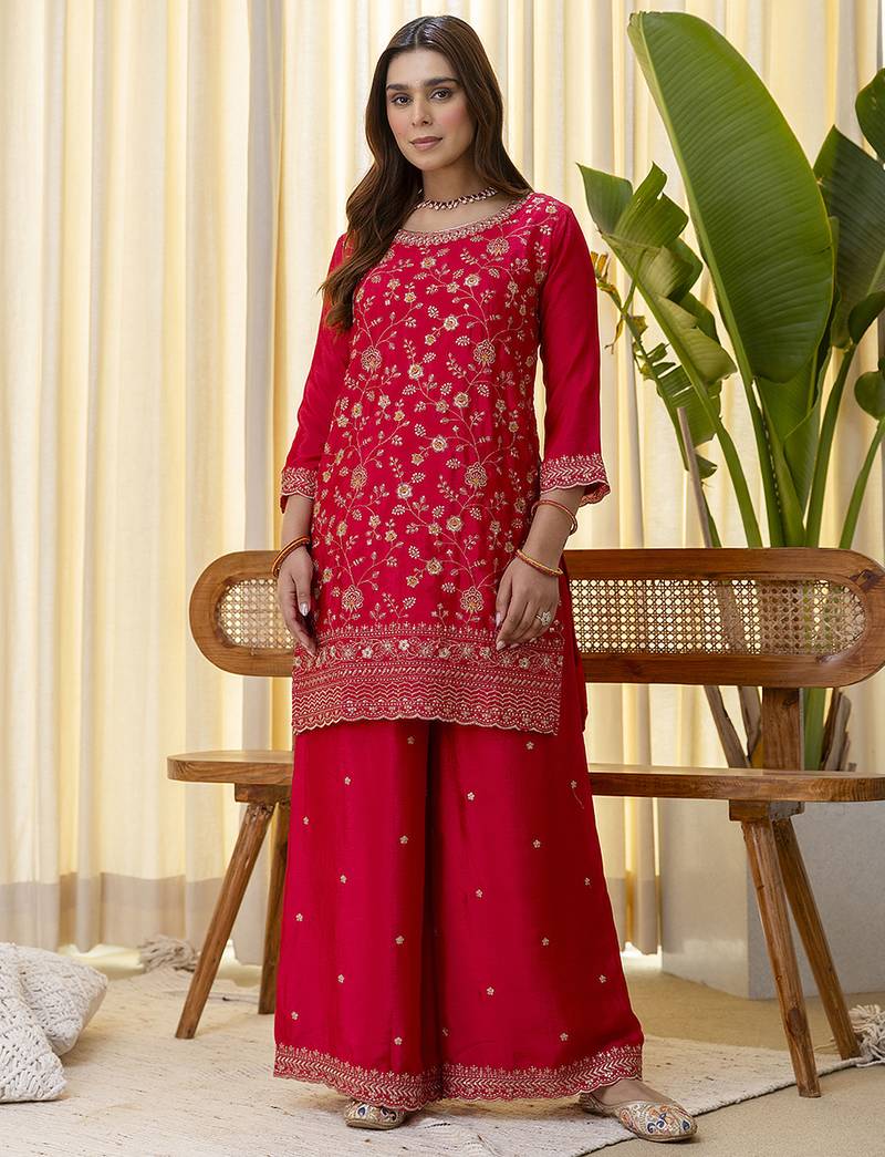 rani-pink silk blend festive kurta set