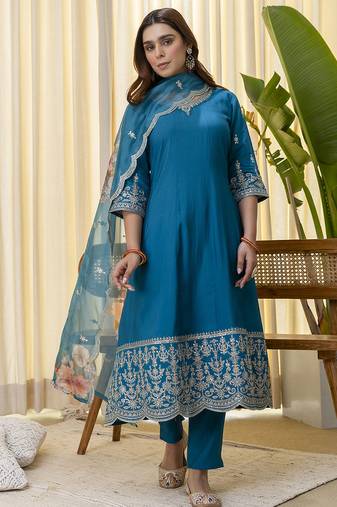 royal-blue silk blend festive kurta set