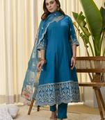 royal-blue silk blend festive kurta set