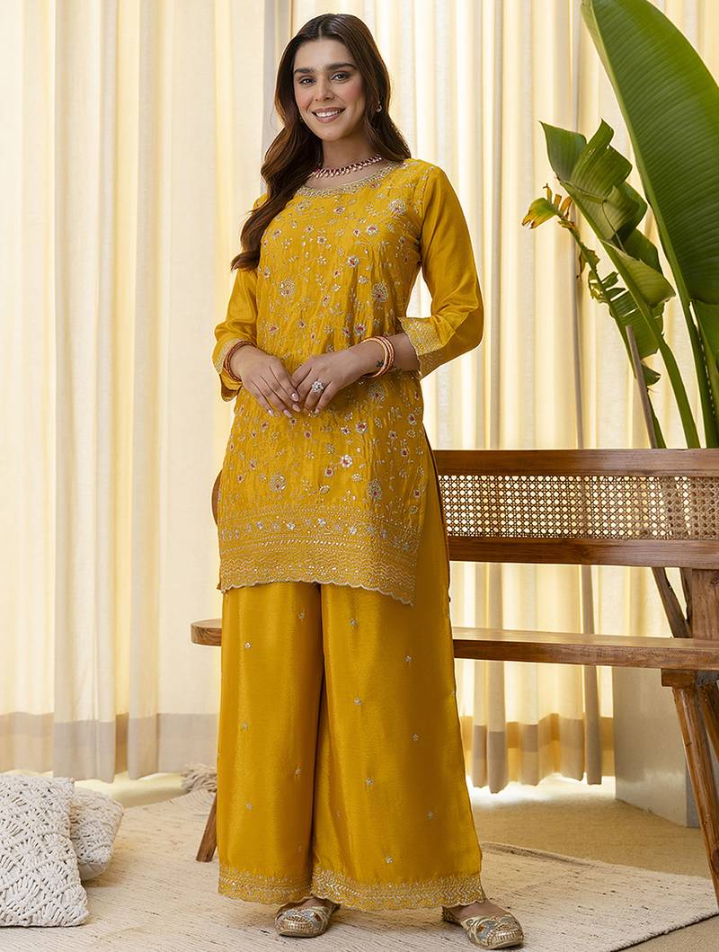 mustard silk blend festive kurta set