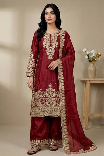 red silk festive kurta set