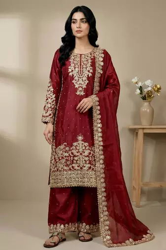 red silk festive kurta set
