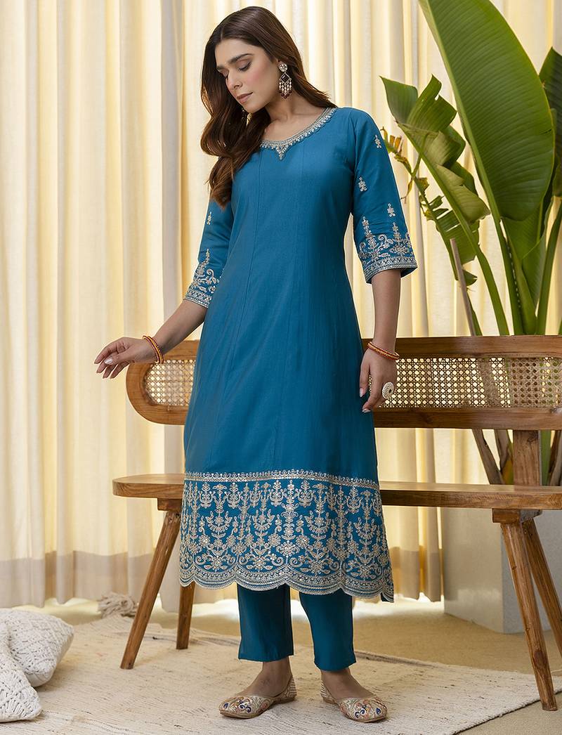 royal-blue silk blend festive kurta set