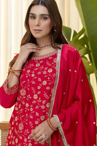 rani-pink silk blend festive kurta set