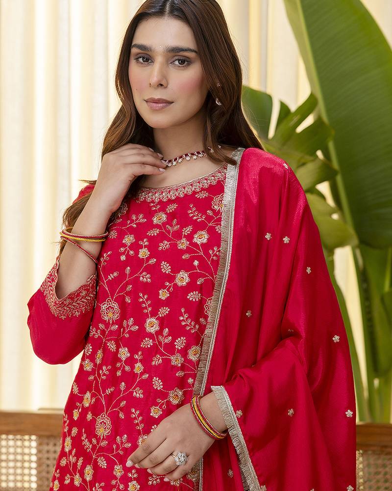 rani-pink silk blend festive kurta set