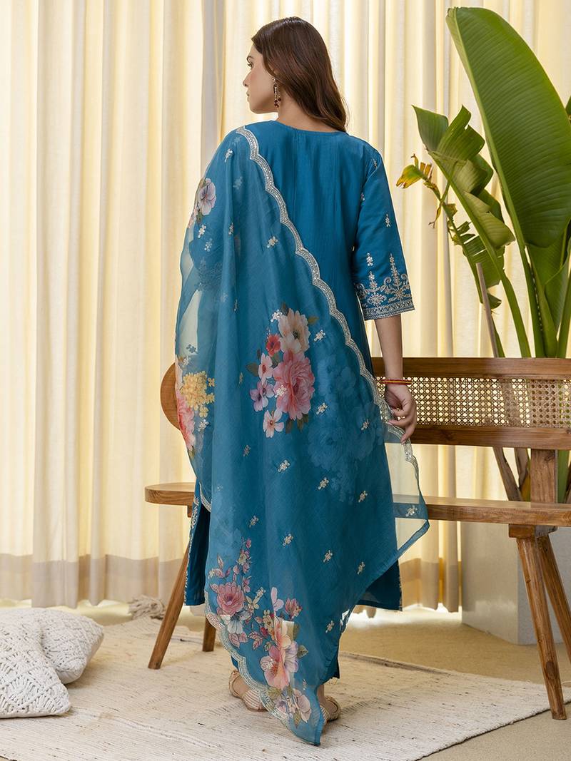 royal-blue silk blend festive kurta set