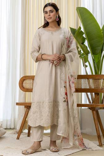 cream silk blend festive kurta set