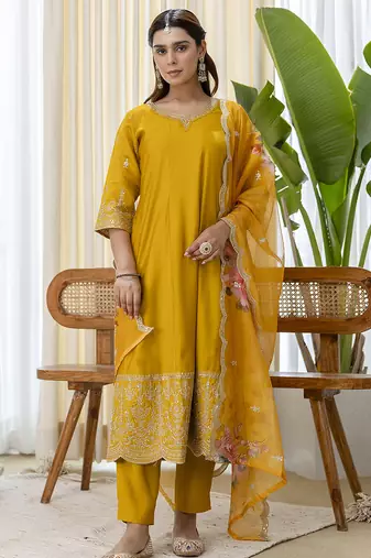 mustard silk blend festive kurta set