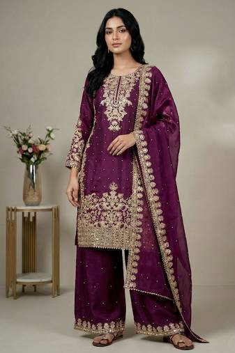 wine silk festive kurta set