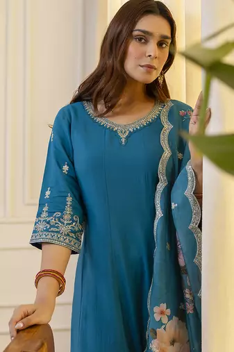 royal-blue silk blend festive kurta set