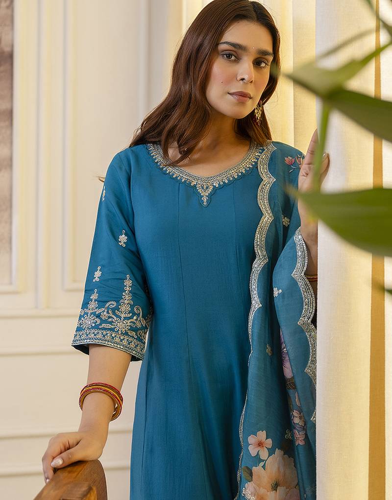 royal-blue silk blend festive kurta set