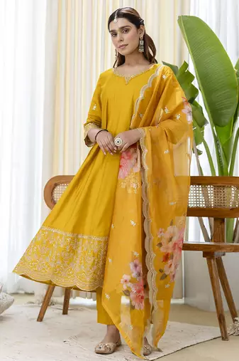 mustard silk blend festive kurta set