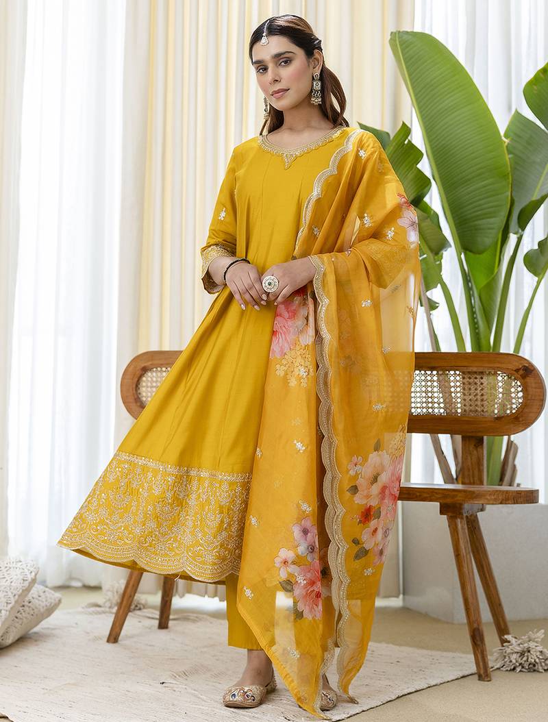 mustard silk blend festive kurta set