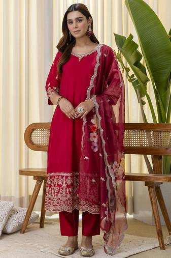 red silk blend festive kurta set