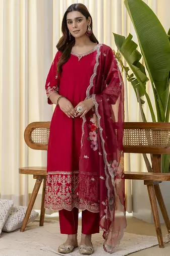 red silk blend festive kurta set