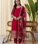 red silk blend festive kurta set