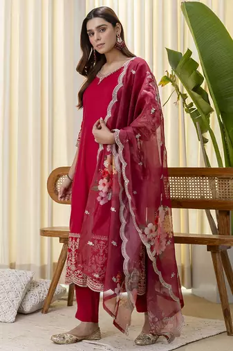 red silk blend festive kurta set
