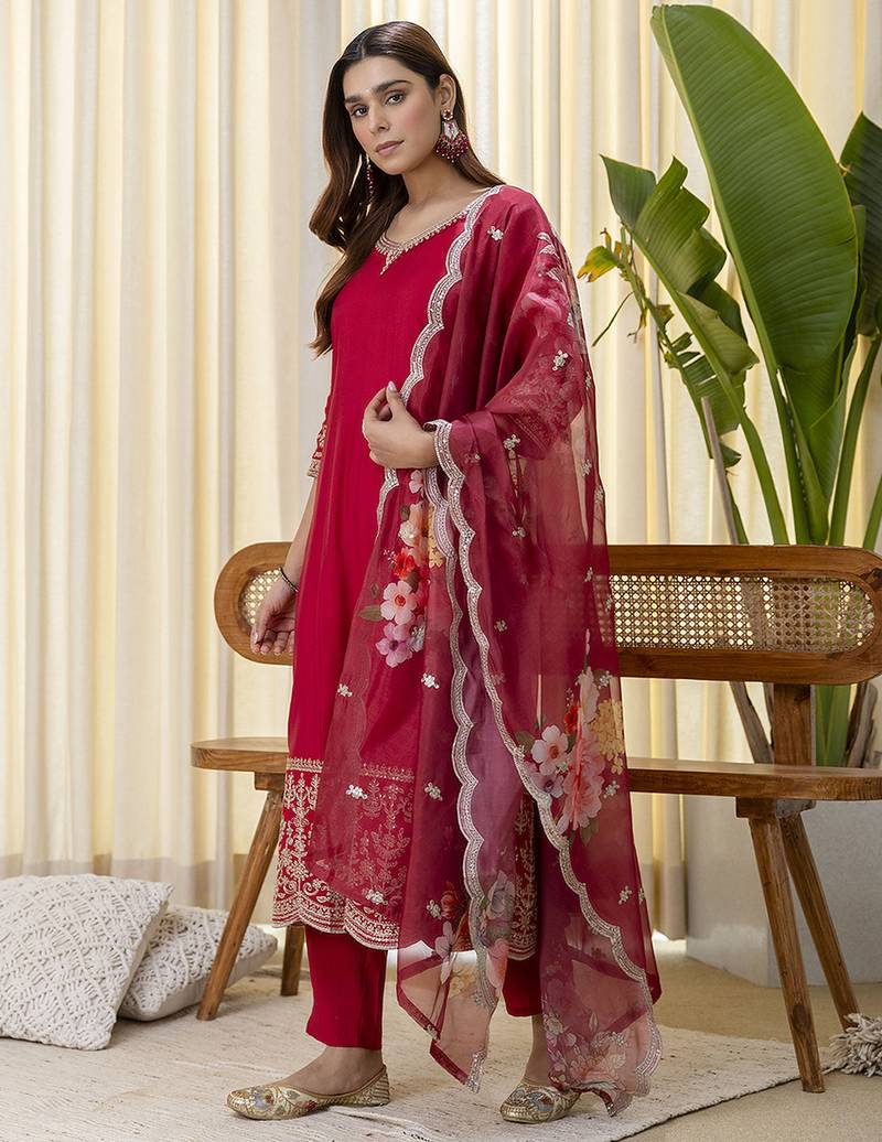 red silk blend festive kurta set