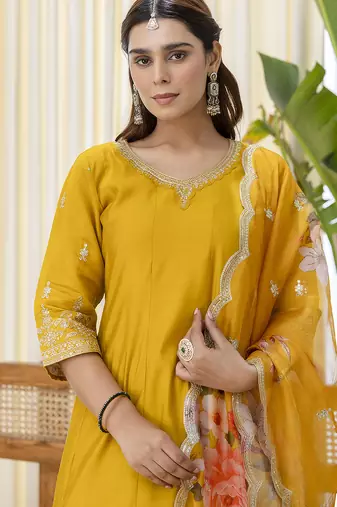 mustard silk blend festive kurta set