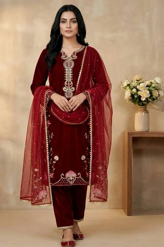 maroon velvet festive kurta set