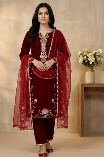 maroon velvet festive kurta set