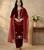 maroon velvet festive kurta set