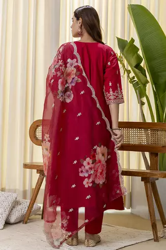 red silk blend festive kurta set