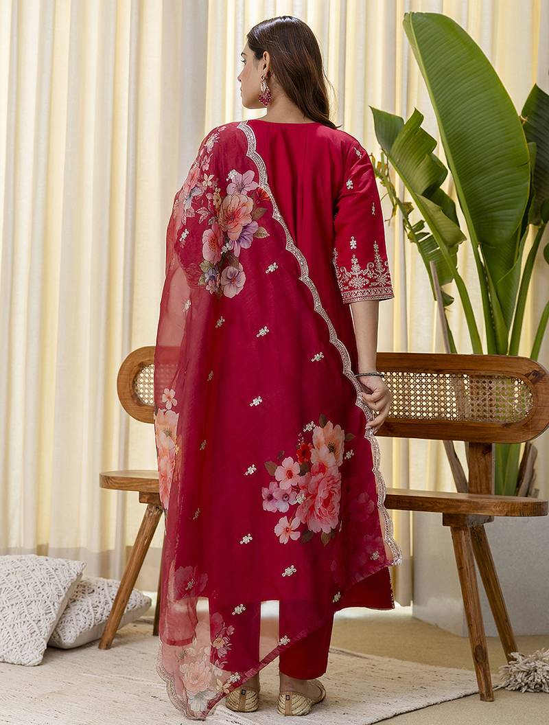 red silk blend festive kurta set